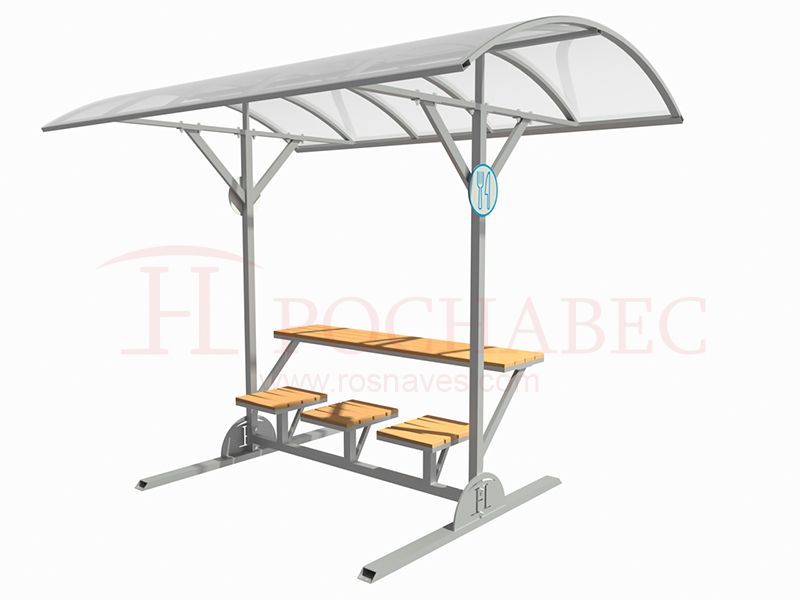 Стол со скамейками для отдыха и приема пищи с навесом из поликарбоната